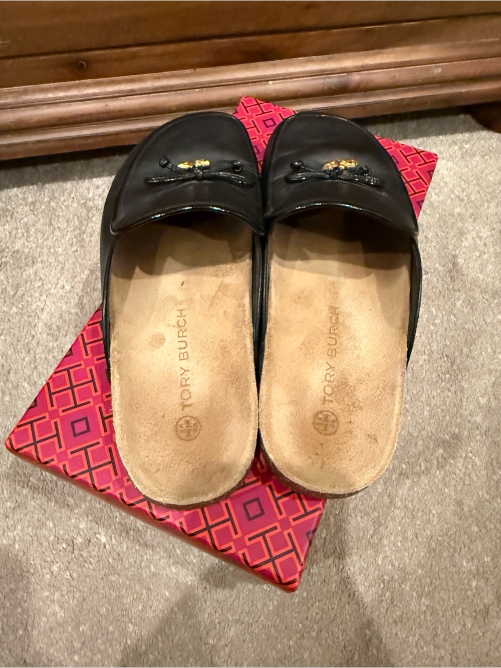 Tory Burch Black Leather Slip-On Mules with Gold Logo Accents - Picture 3 of 5